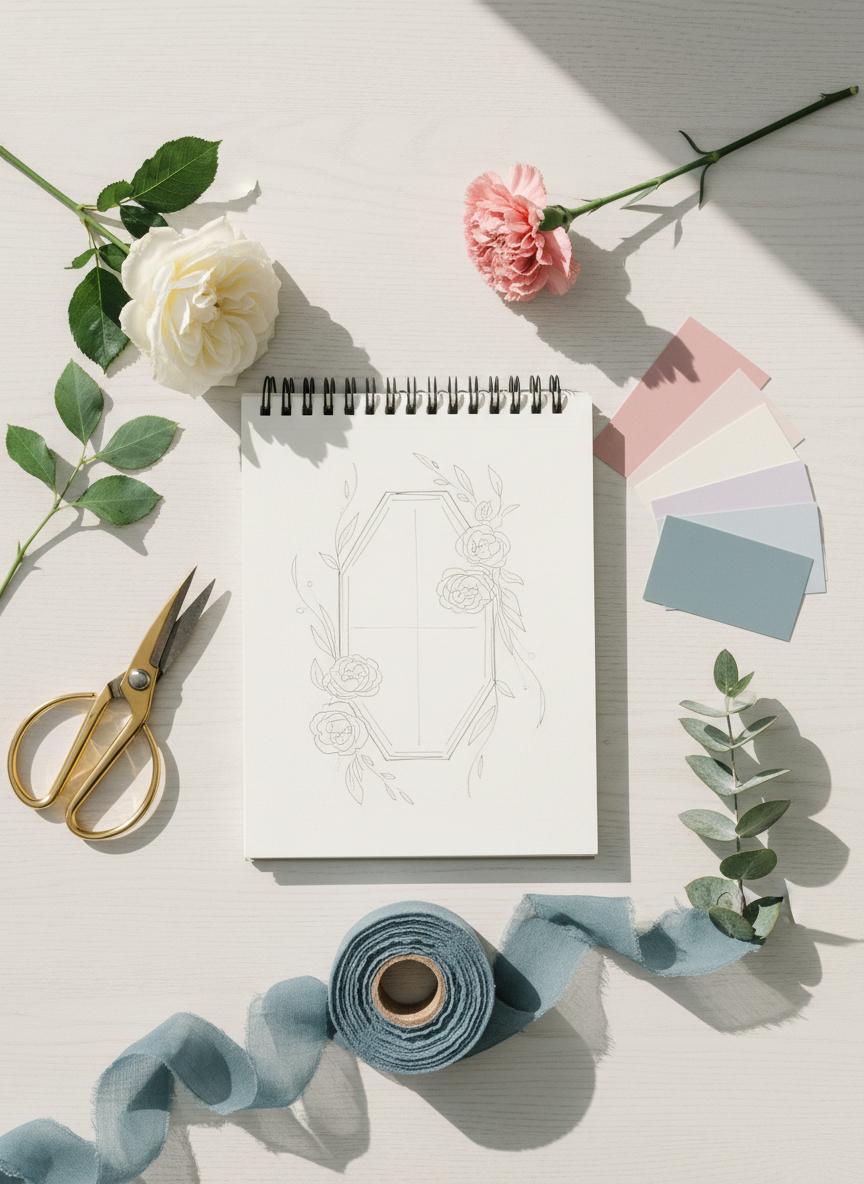 A detailed flat lay of event planning essentials for a floral décor studio, arranged carefully on a warm white tabletop. A spiral-bound notebook open to a sketched floral layout is surrounded by fresh flower stems—single white rose, blush carnation, sprig of eucalyptus—alongside color swatch cards in muted pastels, a pair of gold floral shears, and a roll of soft chiffon ribbon in dusty blue. Natural daylight from the left creates gentle, directional lighting, casting fine shadows from the tools and stems. Photographed directly from above with crisp focus and ample negative space, the image feels organized, thoughtful, and creative, embodying stress-free, heartfelt planning for Toronto and GTA events.