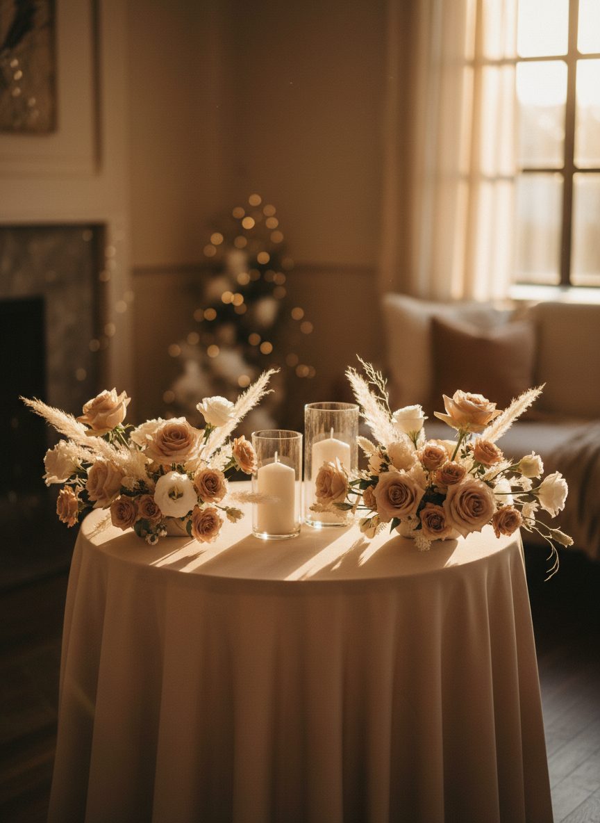 An intimate sweetheart table arrangement for an engagement celebration, featuring a pair of low, asymmetrical floral pieces placed at the front edge of a small round table draped in soft beige linen. The arrangements combine champagne roses, cappuccino-toned spray roses, white lisianthus, and airy bleached ruscus, with a few arching stems creating graceful movement. Between them sit two simple glass candle cylinders with tall white pillar candles, unlit. Warm golden-hour light streams through a nearby window, skimming across the table and giving the florals a romantic glow. Shot from a slightly elevated angle with the table centered and the background softly blurred, the atmosphere is cozy, celebratory, and modern.