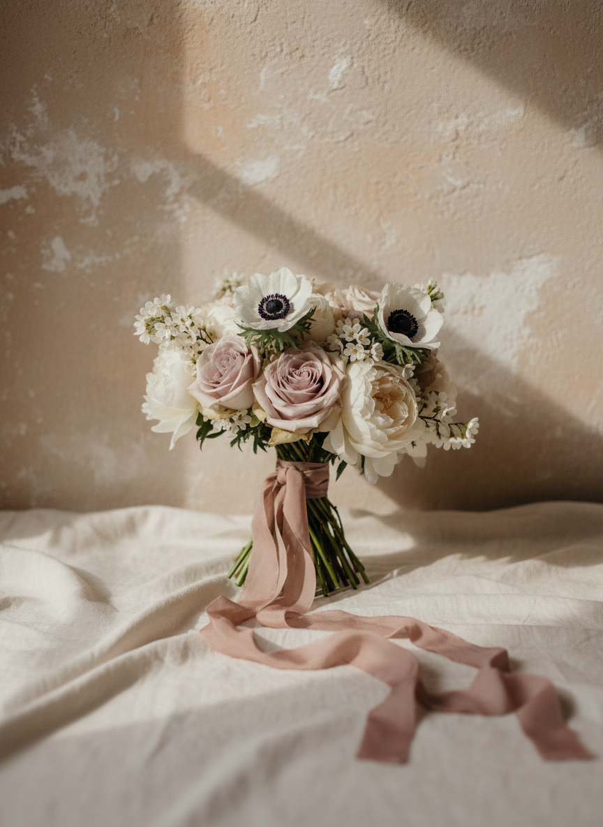 A refined bridal bouquet resting on a softly rumpled ivory linen cloth, composed of white anemones with dark centers, pale mauve roses, cream peonies, and delicate waxflower, bound with trailing silk ribbon in a muted dusty rose tone. The stems peek out in a tidy cluster. The background is a light, textured plaster wall in warm neutrals. Gentle side lighting from an unseen window creates subtle dimension, emphasizing velvety petals and translucent ribbon. Captured in photographic realism from a slightly overhead angle with a shallow depth of field, the bouquet is centered in the frame, evoking an intimate, sentimental atmosphere ideal for weddings and engagements.