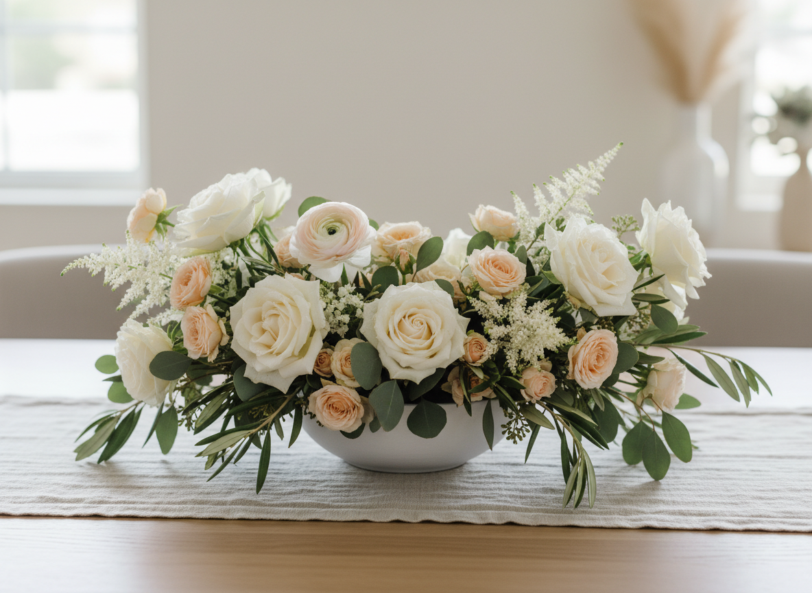A lush, overflowing floral centerpiece arranged in a low, matte white ceramic bowl, filled with ivory garden roses, pale blush ranunculus, soft peach spray roses, and feathery white astilbe, interwoven with eucalyptus and olive branches. It rests on a natural linen table runner atop a light oak table. Soft morning light from a nearby window washes across the scene, catching dewdrops on petals and casting gentle shadows. Shot at eye level with shallow depth of field, the background fades into a creamy blur of neutral decor. The mood is calm, elegant, and welcoming, in a clean, photographic realism style perfect for a modern event décor brand.