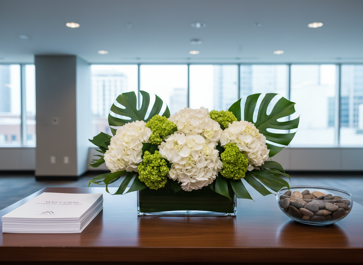 A modern corporate event welcome table styled with a low, rectangular glass vase densely packed with crisp white hydrangeas, pale green viburnum, and structured monstera leaves for a contemporary edge. The arrangement sits beside neatly stacked white cardstock programs with embossed silver lettering and a simple glass bowl of polished river stones. The table surface is a sleek, dark wood, contrasting with the bright florals. Cool, even lighting from overhead fixtures and floor-to-ceiling windows creates a professional, polished ambiance. Photographed at eye level with balanced composition and moderate depth of field, the image feels clean, organized, and inviting, showcasing floral décor as a subtle yet impactful branding element for corporate events.