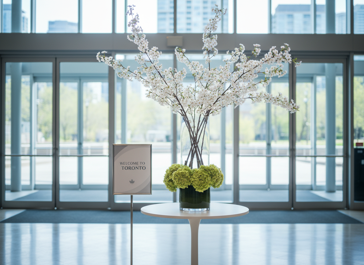 A minimalist welcome vignette for a Toronto event in a bright, modern lobby, featuring a tall cylindrical glass vase filled with long branches of blossoming white cherry stems and a base of pale green hydrangeas. The vase stands on a small round white pedestal table with a subtle satin finish. In the background, large glass doors reveal an abstract blur of city buildings and trees. Cool, clean daylight filters through the glass, highlighting the delicate blossoms and casting a soft reflection on the floor. Captured at eye level with the vase slightly off-center using the rule of thirds, the photographic image feels fresh, urban, and sophisticated, ideal for greeting guests at corporate or social gatherings.
