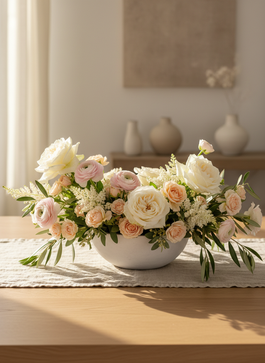 A lush, overflowing floral centerpiece arranged in a low, matte white ceramic bowl, filled with ivory garden roses, pale blush ranunculus, soft peach spray roses, and feathery white astilbe, interwoven with eucalyptus and olive branches. It rests on a natural linen table runner atop a light oak table. Soft morning light from a nearby window washes across the scene, catching dewdrops on petals and casting gentle shadows. Shot at eye level with shallow depth of field, the background fades into a creamy blur of neutral decor. The mood is calm, elegant, and welcoming, in a clean, photographic realism style perfect for a modern event décor brand.