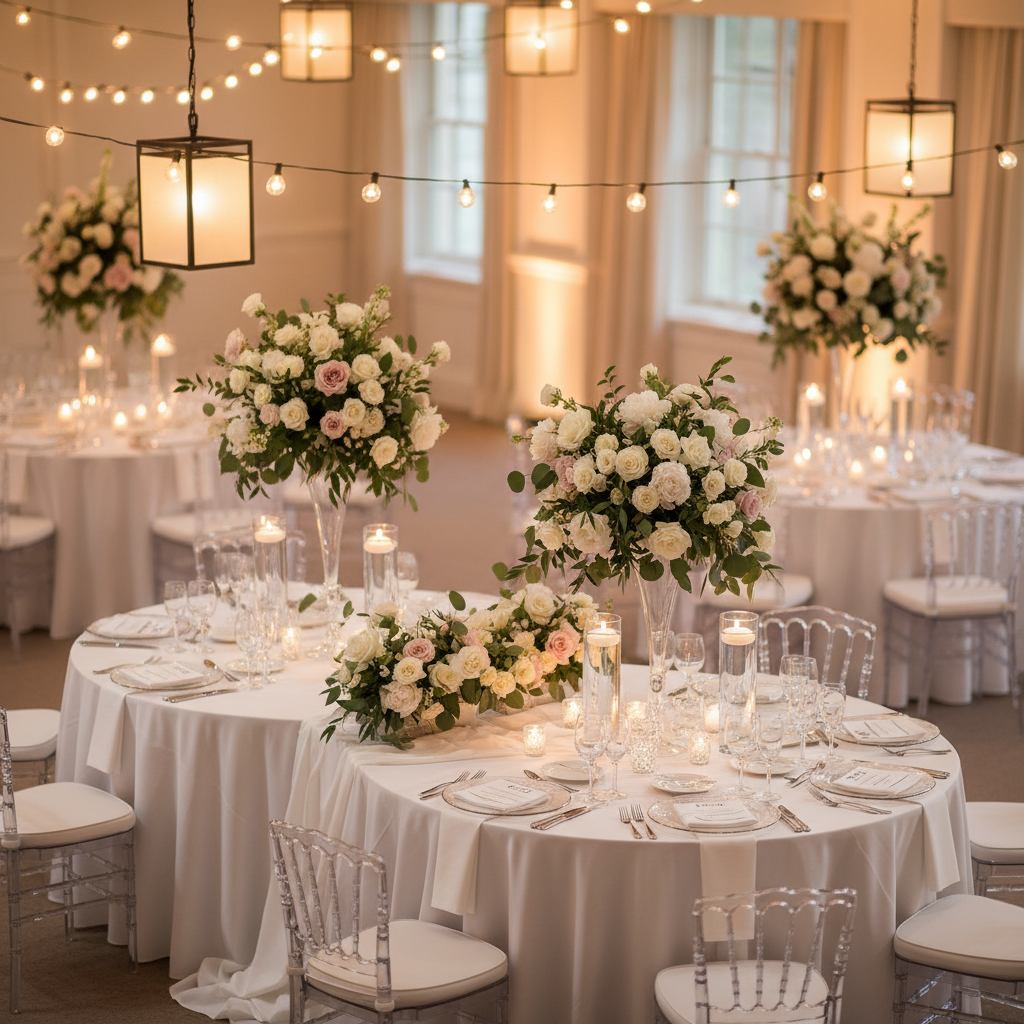 Elegant wedding reception decor with floral centerpieces and soft lighting, viewed from above, minimal background, bright and inviting style