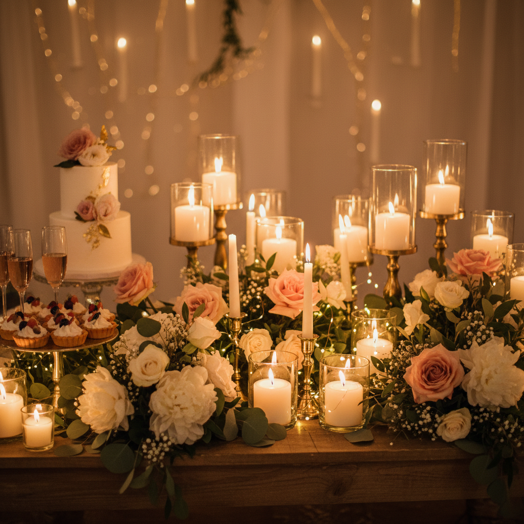 Romantic engagement party setup with candles, floral arrangements, and a small dessert table, warm tones, minimal background
