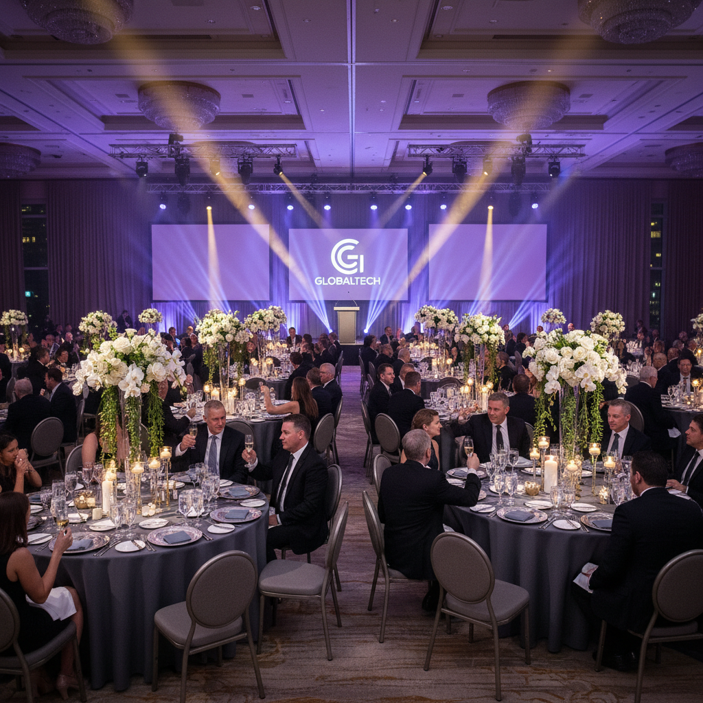 Corporate gala venue with round tables, elegant floral centerpieces, and stage lighting, professional atmosphere, minimal background