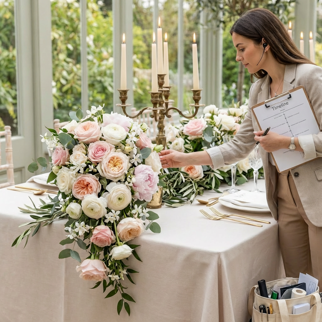 Professional event planner managing greenhouse wedding ceremony Wedding planner in navy jumpsuit holding a clipboard next to a floral centerpiece during a ceremony.