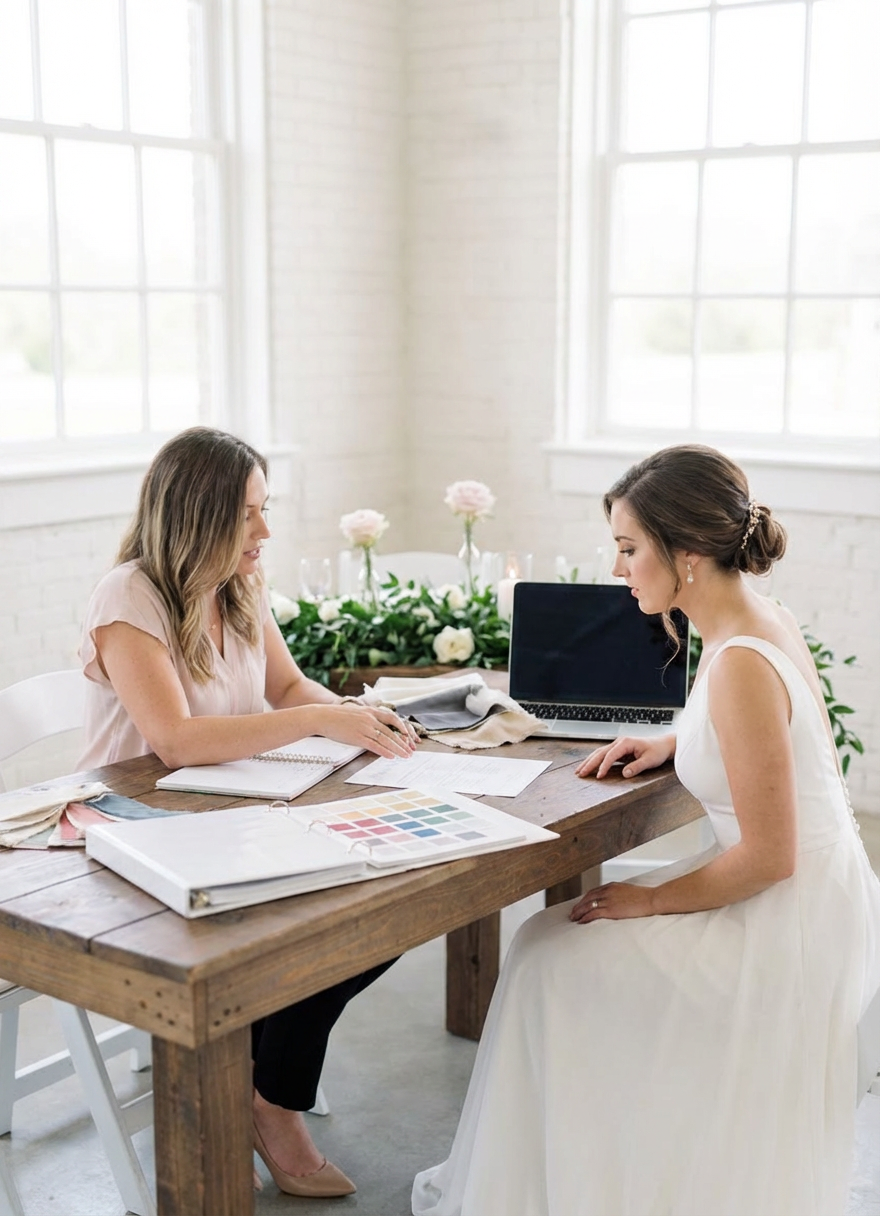 floral decor An airy wedding reception tablescape featuring a continuous garland of fresh greenery and white florals flowing down the center of a long farm table. The garland combines ruscus, eucalyptus, and small white spray roses, intertwined with slim glass bud vases holding single stems of blush roses. Clear glass votive holders with unlit white candles are spaced thoughtfully. The scene is set in a bright loft-style venue with white walls and large windows. Diffused afternoon light creates soft highlights on the glass and petals. Photographed from a slightly elevated angle with sharp focus on the garland and a gentle bokeh of chairs and place settings beyond, the mood is romantic yet simple, reflecting stress-free, heartfelt celebrations.