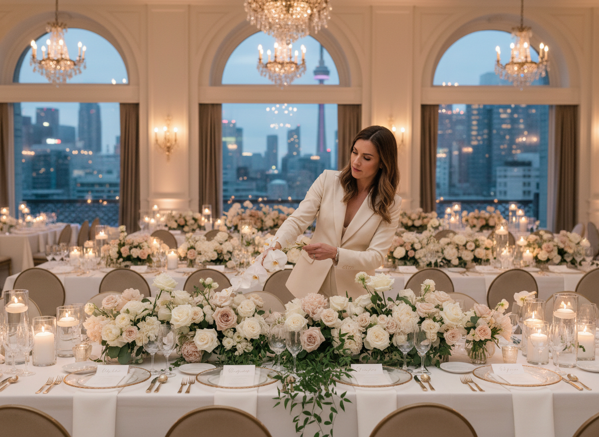 Professional wedding planner adjusting table decor at an elegant indoor Toronto wedding reception, with soft neutral tones and romantic floral centerpieces